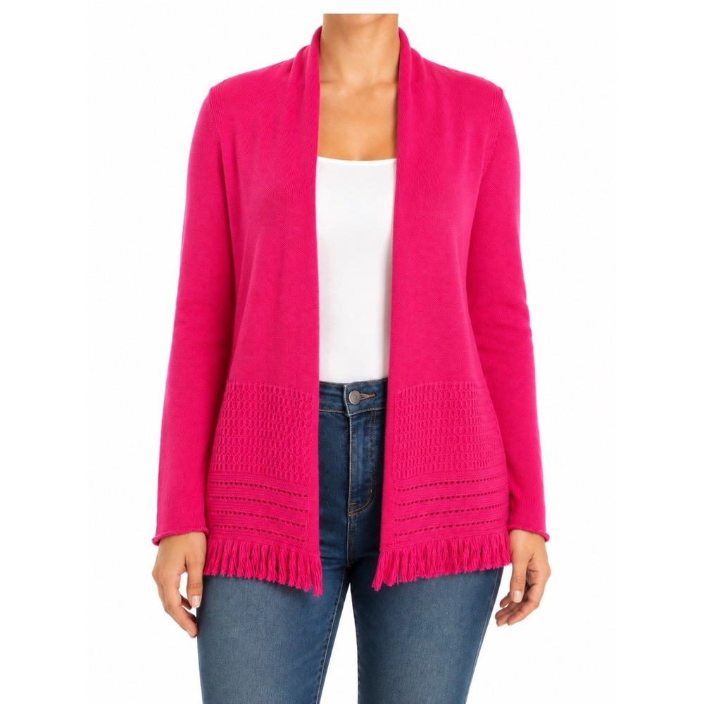 Lilly Pulitzer Womens Open Front Cardigan Sweater Hot Pink Fringe Hem Size M